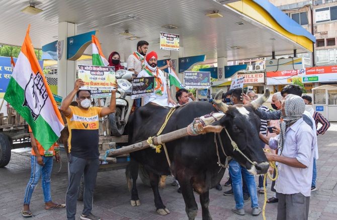 Congress workers ride a bullock-cart as they protest against price hike of petrol and diesel, at a Petrol Pump in east Delhi, Monday, June 29, 2020. (PTI Photo) 